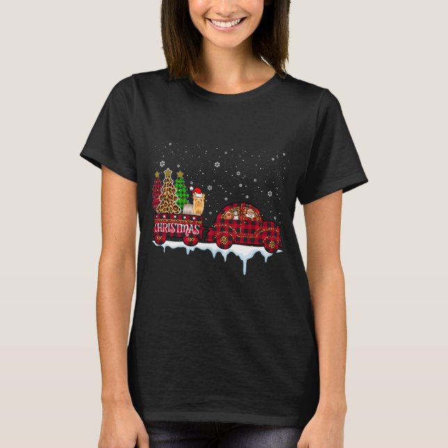 Yorkshire Dog Christmas Red Plaid Truck Santa Xmas T-Shirt (Front)