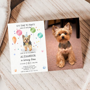 Yorkshire Lets Dog Pawty Puppy Birthday Pink Photo Invitation