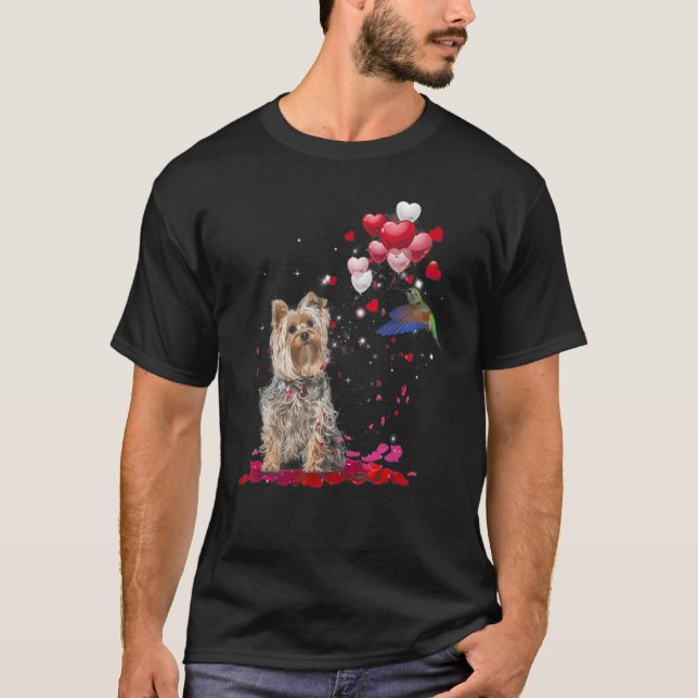 Yorkshire Terrier Balloon Hummingbird Heart Love R T-Shirt (Front)