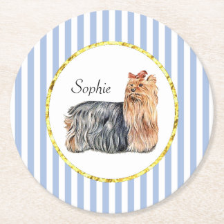 Yorkshire Terrier Blue Stripes Personalise Round Paper Coaster