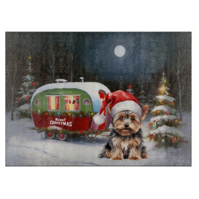 Yorkshire Terrier Caravan Christmas Adventure Cutting Board (Front)