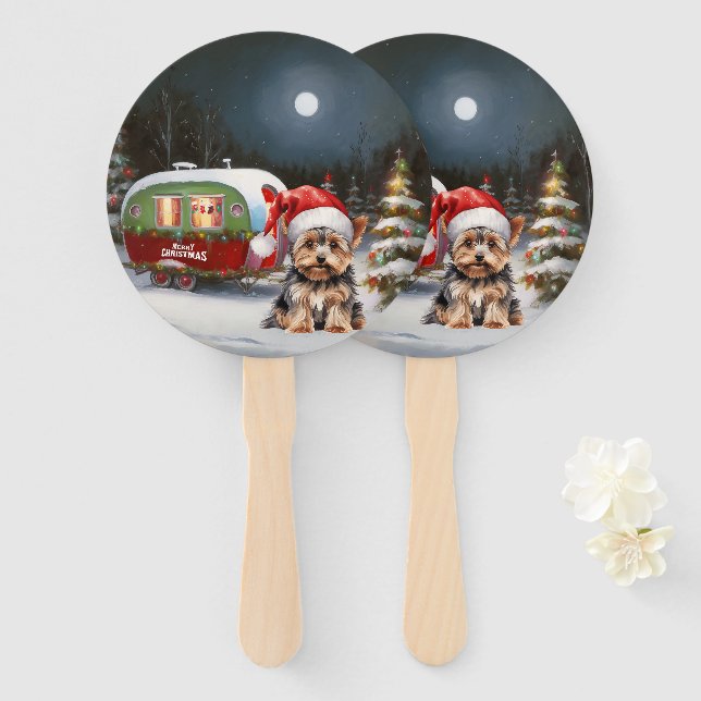 Yorkshire Terrier Caravan Christmas Adventure Hand Fan (Front and Back)
