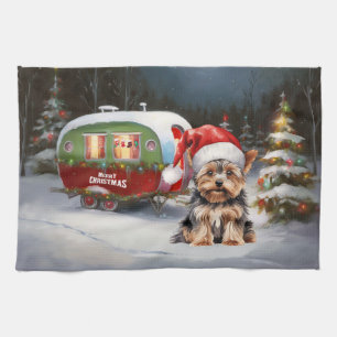 Yorkshire Terrier Caravan Christmas Adventure Tea Towel
