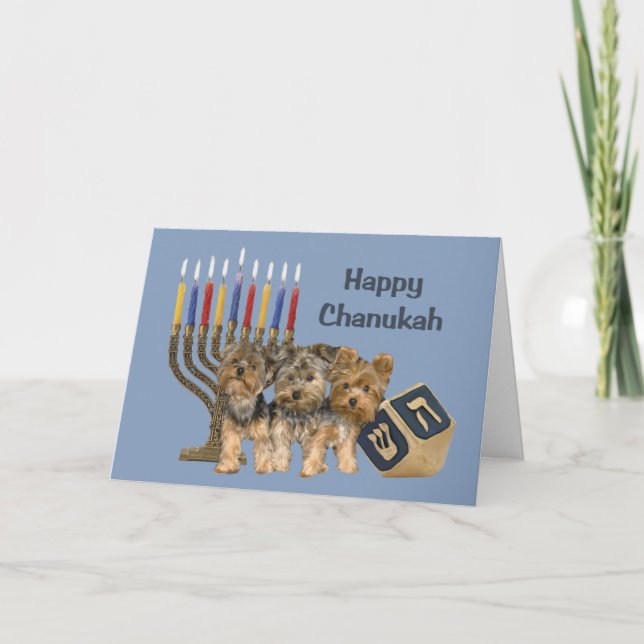 Yorkshire Terrier Chanukah Card Menorah Dreidel (Front)