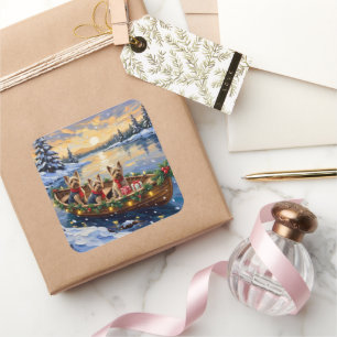 Yorkshire Terrier Christmas Boat Holiday Square Sticker