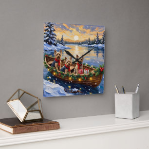 Yorkshire Terrier Christmas Boat Holiday Square Wall Clock