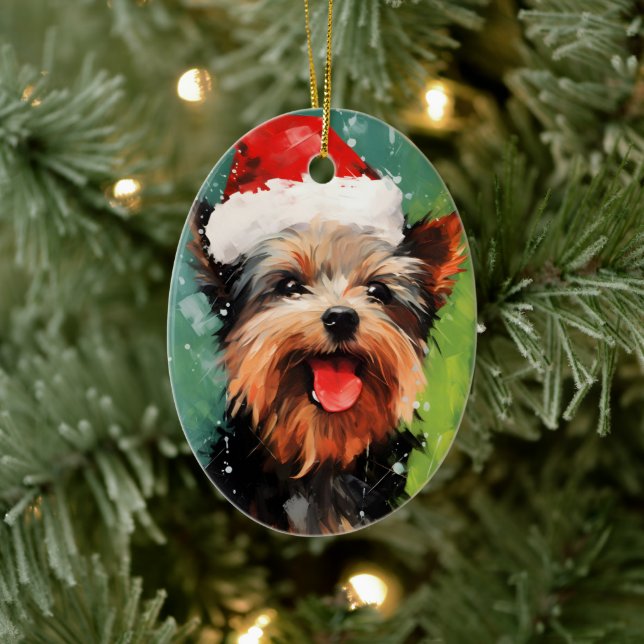 Yorkshire Terrier Christmas brush painting artwork Ceramic Tree Decoration (Tree)