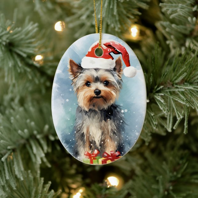 Yorkshire Terrier Christmas brush painting artwork Ceramic Tree Decoration (Tree)