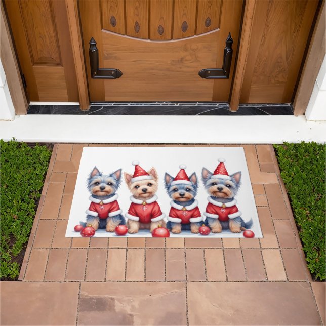 Yorkshire Terrier Christmas Dress Santa Hat Doormat (Outdoor)