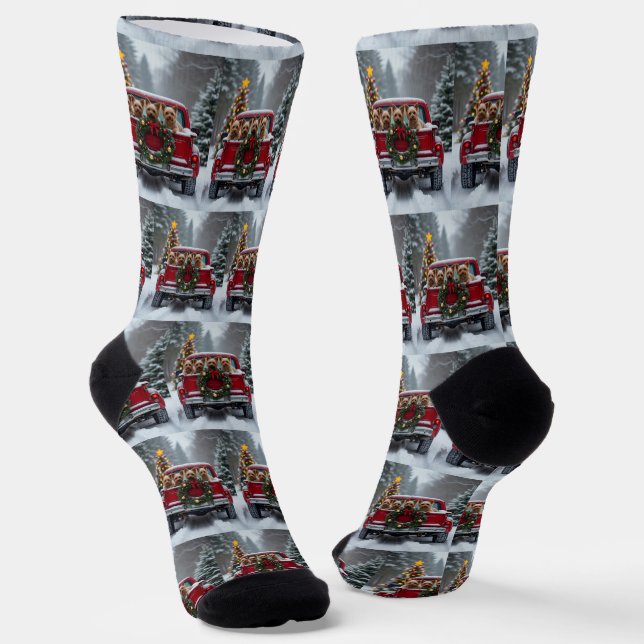 Yorkshire Terrier Christmas Red Truck Holiday Gift Socks (Angled)