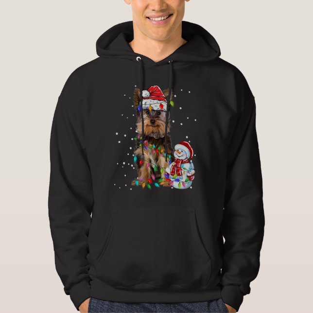 Yorkshire Terrier Christmas Santa Hat Xmas Lights  Hoodie (Front)
