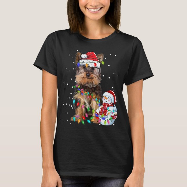 Yorkshire Terrier Christmas Santa Hat Xmas Lights  T-Shirt (Front)