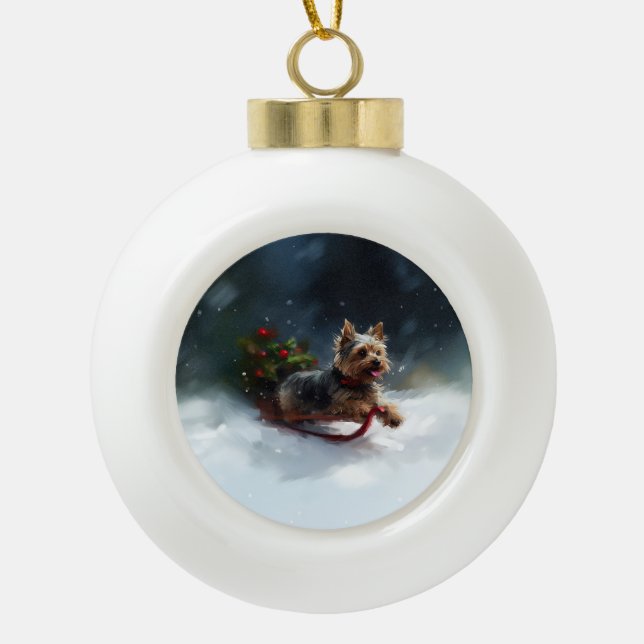 Yorkshire Terrier Christmas snow winter  Ceramic Ball Christmas Ornament (Front)