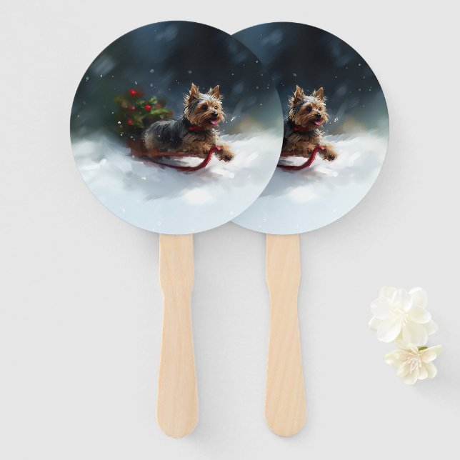 Yorkshire Terrier Christmas snow winter  Hand Fan (Front and Back)