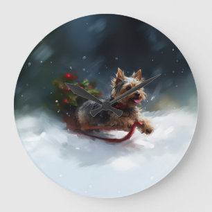 Yorkshire Terrier Christmas snow winter  Large Clock