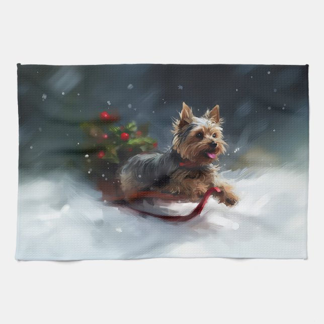 Yorkshire Terrier Christmas snow winter  Tea Towel (Horizontal)