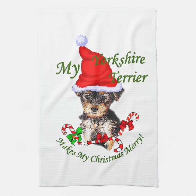 Yorkshire Terrier Christmas Tea Towel (Vertical)