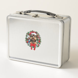 Yorkshire Terrier Christmas Wreath Decoration Xmas Metal Lunch Box