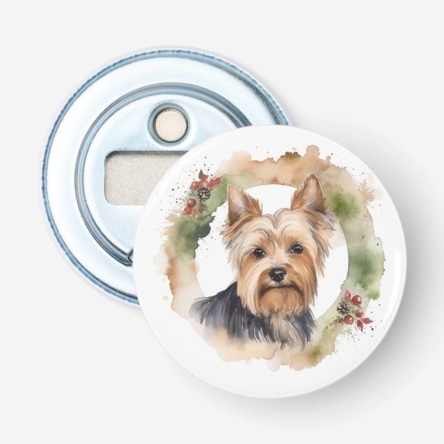 Yorkshire Terrier Christmas Wreath Festive Pup Bottle Opener (Front)