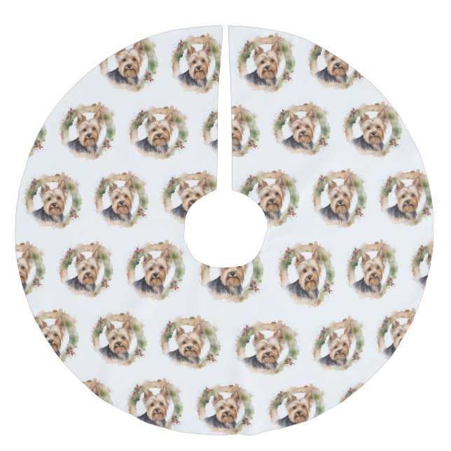 Yorkshire Terrier Christmas Wreath Festive Pup Brushed Polyester Tree Skirt (Front)