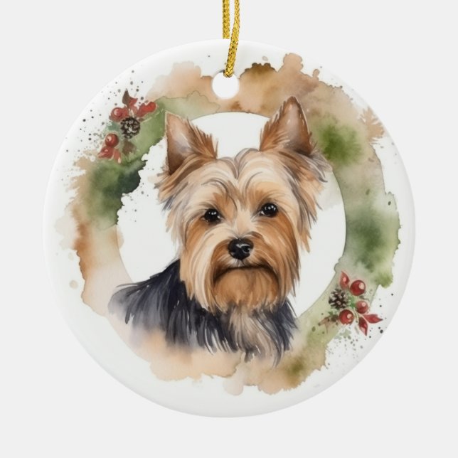 Yorkshire Terrier Christmas Wreath Festive Pup Ceramic Tree Decoration (Front)