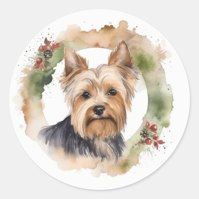 Yorkshire Terrier Christmas Wreath Festive Pup Classic Round Sticker (Front)
