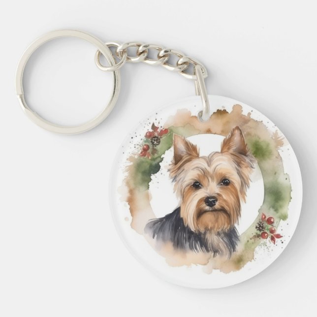 Yorkshire Terrier Christmas Wreath Festive Pup Key Ring (Front)