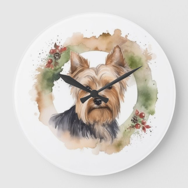 Yorkshire Terrier Christmas Wreath Festive Pup Large Clock (Front)