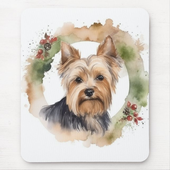 Yorkshire Terrier Christmas Wreath Festive Pup Mouse Mat (Front)