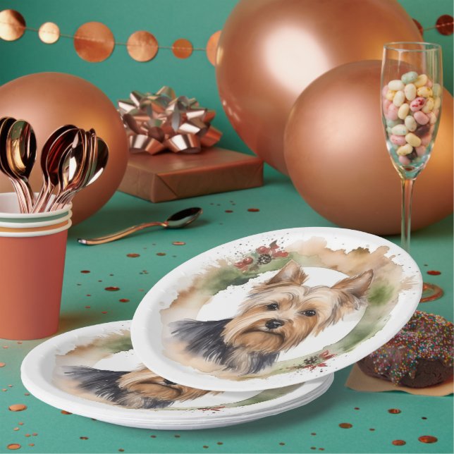 Yorkshire Terrier Christmas Wreath Festive Pup Paper Plate (Multi)