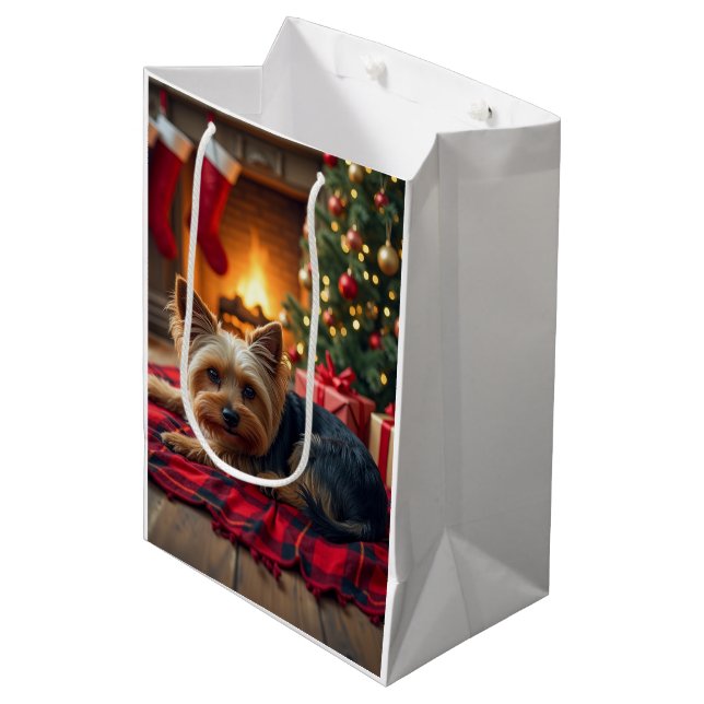 Yorkshire Terrier Cozy Christmas Evening Painting Medium Gift Bag (Front Angled)