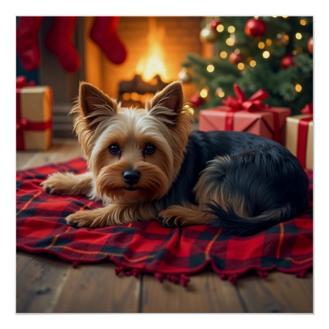 Yorkshire Terrier Cozy Christmas Evening Painting Poster (Front)