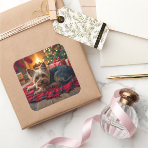 Yorkshire Terrier Cozy Christmas Evening Painting Square Sticker