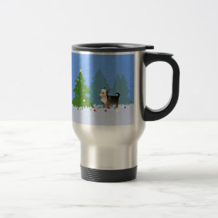 Yorkshire Terrier decorating Christmas Tree-forest Travel Mug