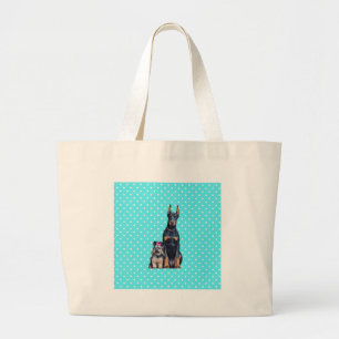 Yorkshire Terrier Doberman Blue Polka Dots Large Tote Bag