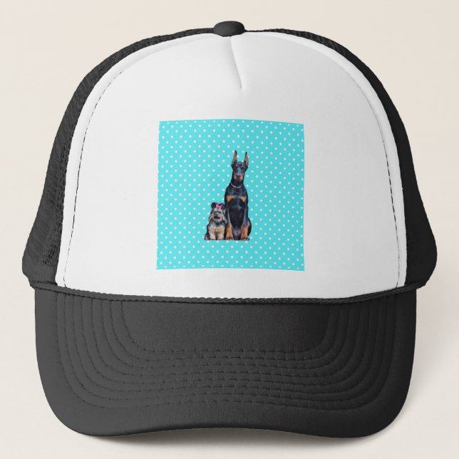 Yorkshire Terrier Doberman Blue Polka Dots Trucker Hat (Front)