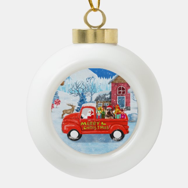 Yorkshire Terrier Dog Christmas Delivery Truck Ceramic Ball Christmas Ornament (Front)