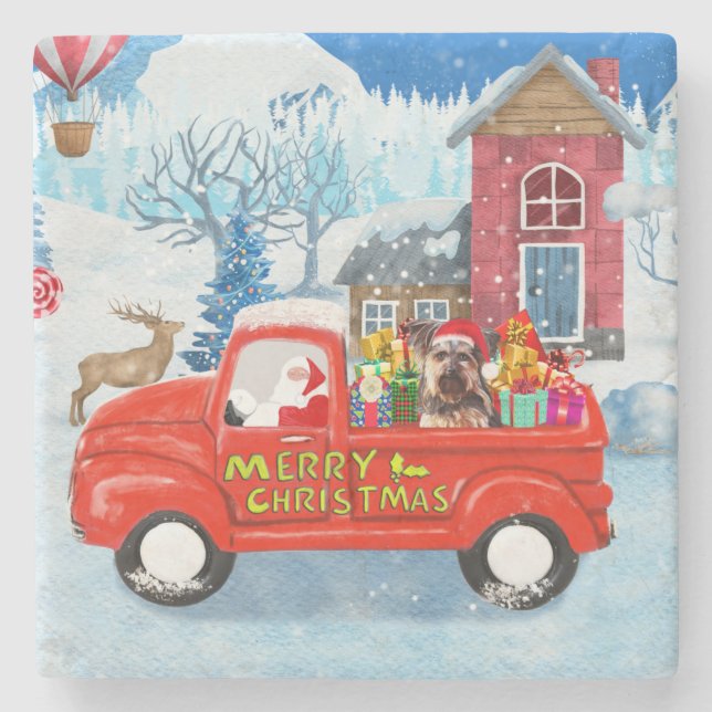 Yorkshire Terrier Dog Christmas Delivery Truck Stone Coaster (Front)