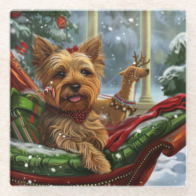 Yorkshire Terrier Dog Christmas Festive Glass Coaster (Front)
