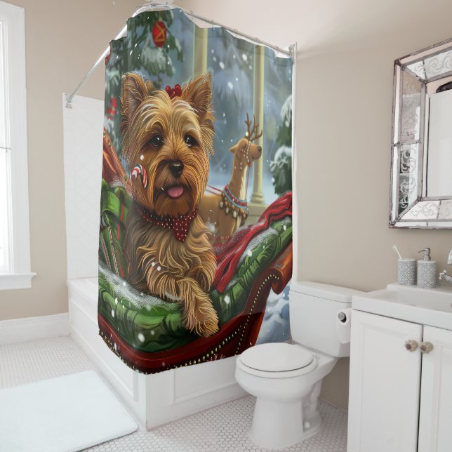 Yorkshire Terrier Dog Christmas Festive Shower Curtain (In Situ)