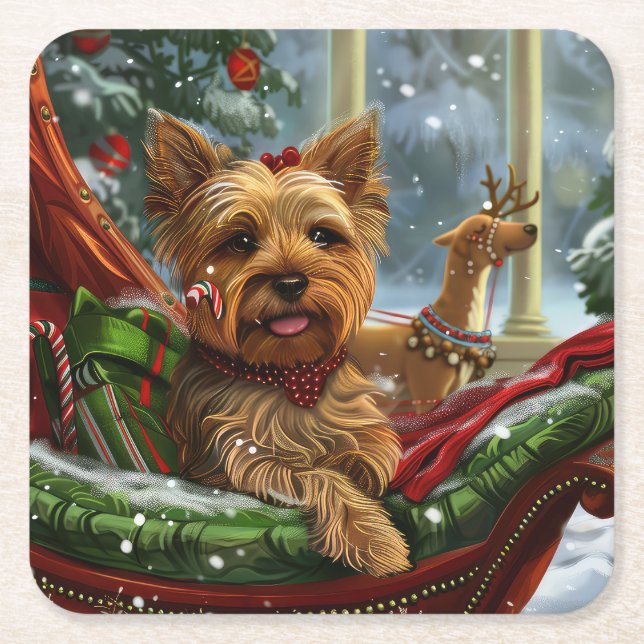 Yorkshire Terrier Dog Christmas Festive Square Paper Coaster (Front)