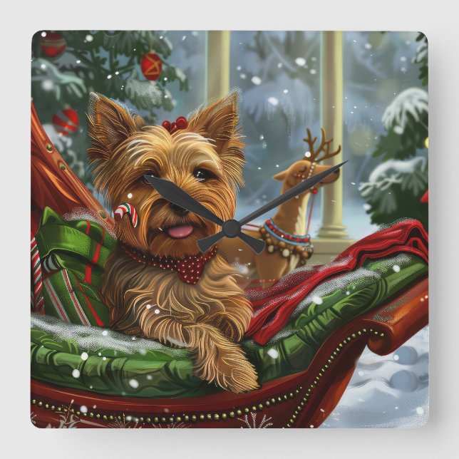 Yorkshire Terrier Dog Christmas Festive Square Wall Clock (Front)
