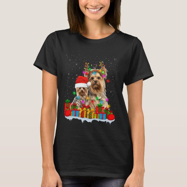 Yorkshire Terrier Dog Christmas Lights Reindeer Sa T-Shirt (Front)