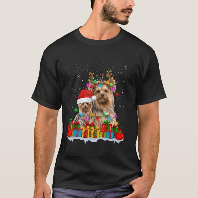 Yorkshire Terrier Dog Christmas Lights Reindeer Sa T-Shirt (Front)