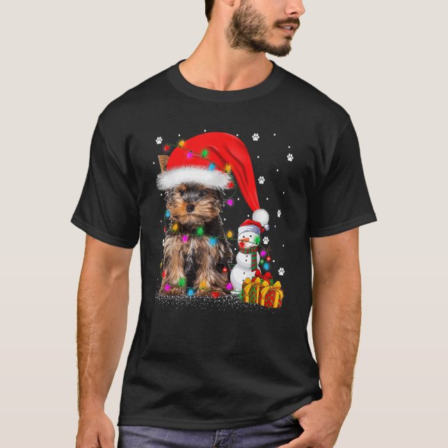 Yorkshire Terrier Dog Christmas Lights Santa Snowm T-Shirt (Front)