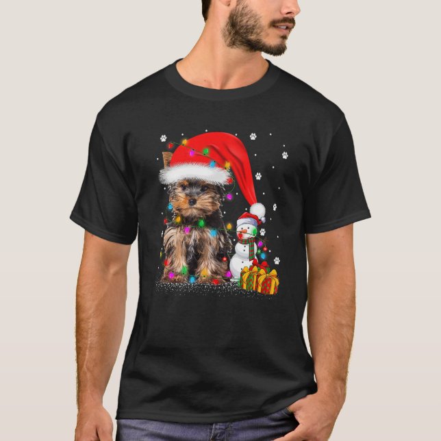 Yorkshire Terrier Dog Christmas Lights Santa Snowm T-Shirt (Front)