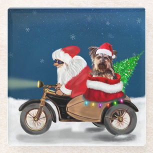 Yorkshire Terrier Dog Christmas Santa Claus Glass Coaster