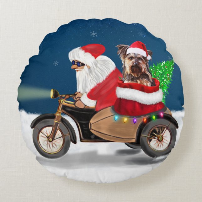 Yorkshire Terrier Dog Christmas Santa Claus  Round Cushion (Front)