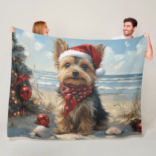 Yorkshire Terrier Dog Christmas Vintage Beach Fleece Blanket