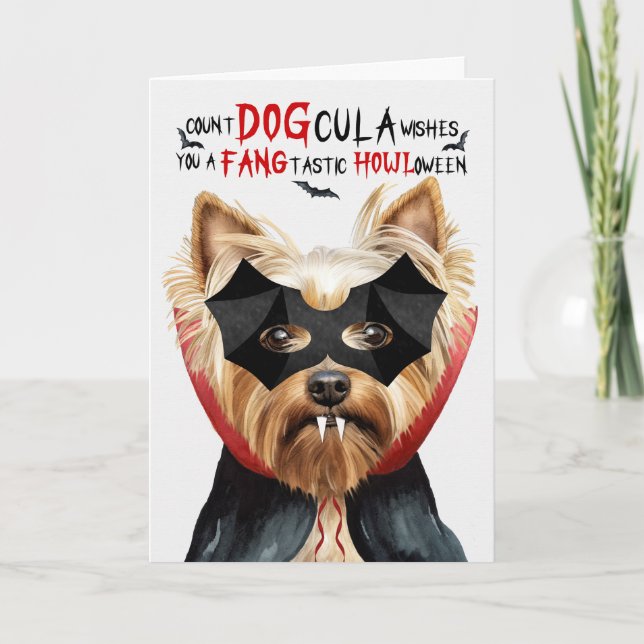 Yorkshire Terrier Dog Count DOGcula Halloween Holiday Card (Front)